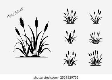 Cattail silhouette set, botany bush, grass