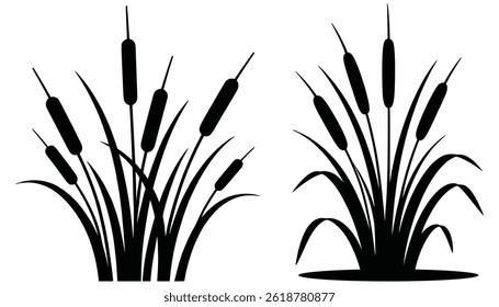 Cattail Silhouette Vector Set, Marsh Grass and Wetland Plant Illustrations