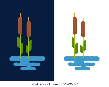 Cattails in lake, white and blue background. Vector illustration in flat geometric cartoon style. Reed logo or icon.