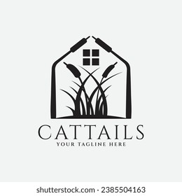 cattails plant with home silhouette logo vector illustration design