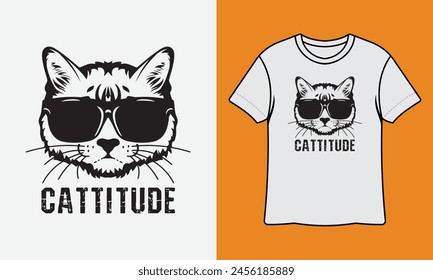 Cattitude Cat Wearing Sunglasses T Shirt Design With Mockup