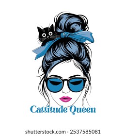 Cattitude Queen" menina feminino gato T-shirt design