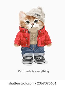 cattitude slogan with cute kitten in winter jacket vector illustration