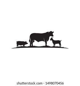 Cattle Angus Cow, Goat and Pig silhouettes livestock farm logo design
