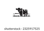 Cattle Angus Cow  Grass silhouette livestock farm black logo design on white background