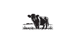 Cattle Angus Cow  Grass Silhouette Livestock Farm Black Logo Design On White Background
