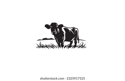 Cattle Angus Cow  Grass silhouette livestock farm black logo design on white background