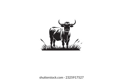 Cattle Angus Cow  Grass silhouette livestock farm black logo design on white background