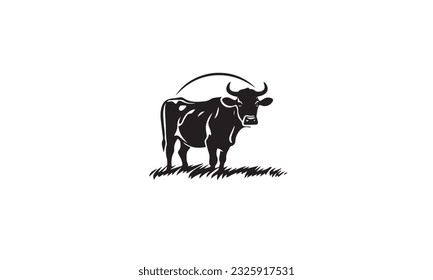 Cattle Angus Cow  Grass silhouette livestock farm black logo design on white background