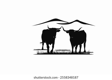 Cattle Angus Cow  Grass silhouette livestock farm logo design