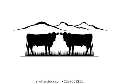 Cattle Angus Cow  Grass silhouette livestock farm logo design illustration