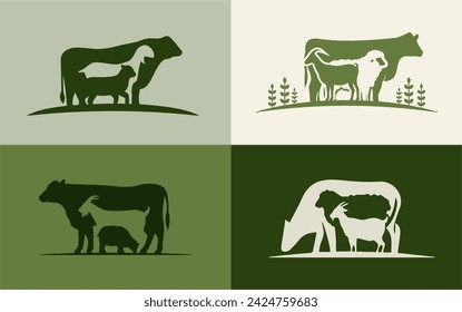 Cattle Angus Cow, sheep, goat and Grass silhouette livestock farm logo design