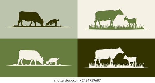 Cattle Angus Cow, sheep, goat and Grass silhouette livestock farm logo design