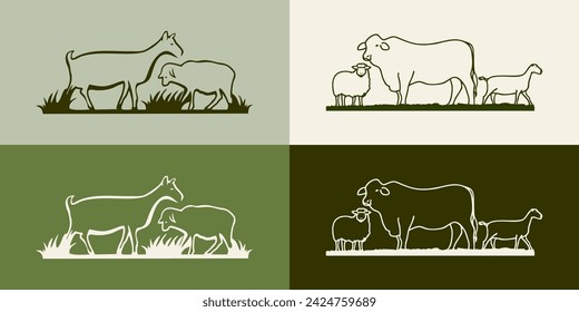 Cattle Angus Cow, sheep, goat and Grass silhouette livestock farm logo design