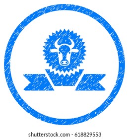 Cattle Award Ribbon grainy textured icon inside circle for overlay watermark stamps. Flat symbol with scratched texture. Circled vector blue rubber seal stamp with grunge design.