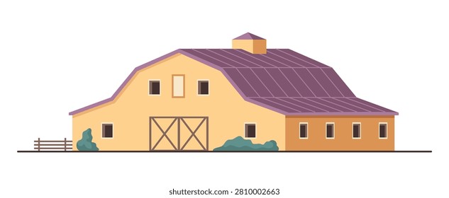 Cattle barn, large farm building with doors, windows and loft for storing hay. Vector stable or cowshed with wooden fences. Brick structure for feeding and caring for livestock and feed storage