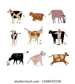 Cattle Breeding Farming, Dairy Cattle, Cows of Different Breeds Set Vector Illustration