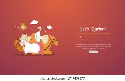 Cattle, camels, goats and sheep for Qurban or sacrifice feasts for Eid al-Adha greetings concept