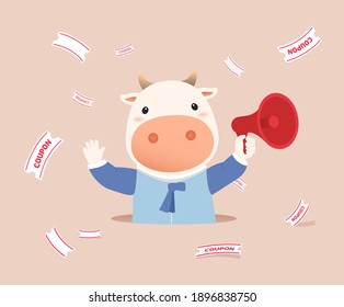 cattle carrying loudspeakers and spraying coupons to promote the market illustration set. speak, bank, announce, paper. Vector drawing. Hand drawn style.