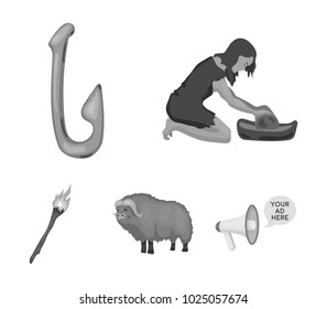 Cattle, catch, hook, fishing. Stone age set collection icons in monochrome style vector symbol stock illustration web.