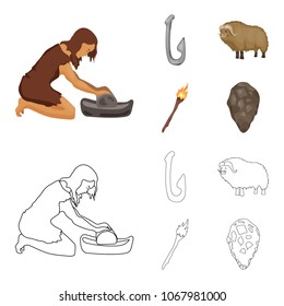 Cattle, catch, hook, fishing .Stone age set collection icons in cartoon,outline style vector symbol stock illustration web.