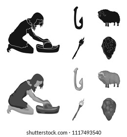 Cattle, catch, hook, fishing .Stone age set collection icons in black,monochrome style vector symbol stock illustration web.
