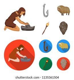 Cattle, catch, hook, fishing .Stone age set collection icons in cartoon,flat style vector symbol stock illustration web.