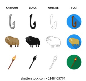 Cattle, catch, hook, fishing .Stone age set collection icons in cartoon,black,outline,flat style vector symbol stock illustration web.