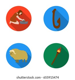 Cattle, catch, hook, fishing .Stone age set collection icons in flat style vector symbol stock illustration web.