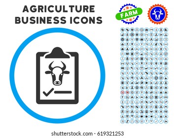 Cattle Contract rounded icon with agriculture business glyph package. Vector illustration style is a flat iconic symbol inside a circle, blue and gray colors. Designed for web and software interfaces.