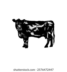 Cattle Cow, Beef Meat Vector Illustration.Vintage Cow Print, Symbol, Tag, Label, Ink Sketch, Butchery Cow, Meat Shop or Farm Sign.