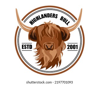 Emblem of brown Highland cattle, cow. Cute head of Scottish cattle isolated on white background. Written Highlanders Bull. Design element for logo, poster, card, banner, emblem, t shirt. Vector EPS10