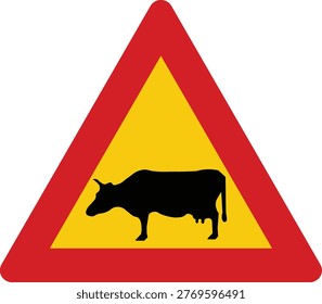 Cattle Cow Livestock Warning Triangle Red and Yellow Road Sign North Europe Design