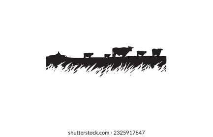 Cattle Cows  Grass silhouette livestock farm black logo design on white background