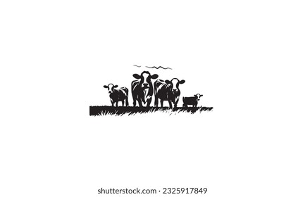 Cattle Cows  Grass silhouette livestock farm black logo design on white background