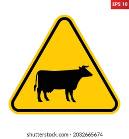 Cattle crossing road sign. Vector illustration of yellow triangle warning sign with cow icon inside. Farm hazzard attention. Caution herd animals.