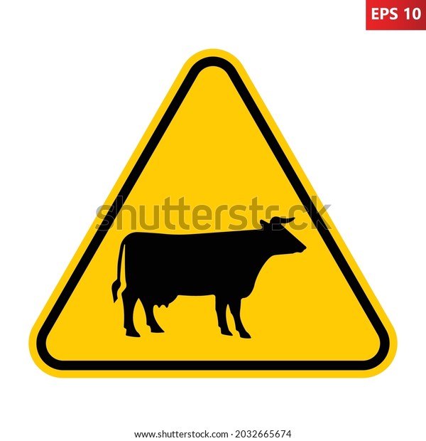 Cattle crossing road sign. Vector illustration\
of yellow triangle warning sign with cow icon inside. Farm hazzard\
attention. Caution herd\
animals.