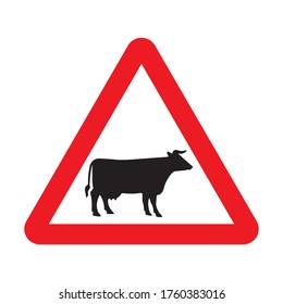 Cattle crossing warning road sign. Vector illustration of cow caution traffic sign. Farm hazzard attention red triangle mark.
