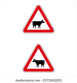 Cattle crossing warning sign indicating animals on road.