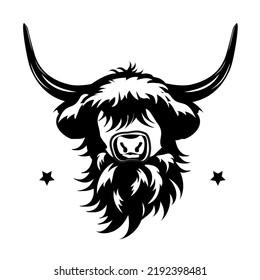 Emblem of  Black and White Highland Cattle. Cute Head of Scottish Cattle Isolated on White Background. Company Highland Cow. Design Element for Logo, Poster, Card, Banner, Emblem, T shirt. Vector 