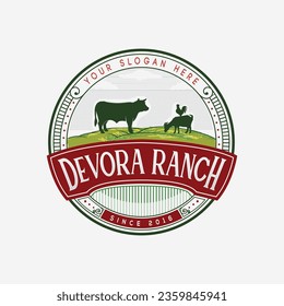 Diseño del logotipo retro vintage de la granja de ganado bovino o de la granja de vacas
