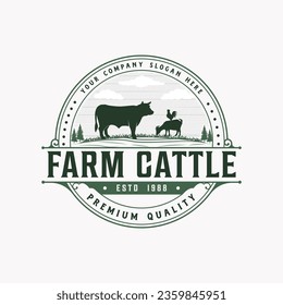 Cattle farm or cow farm vector illustration retro vintage logo design