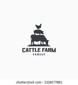 Cattle Farm Family Logo Design Template. Vintage, Cow, Pig, Chicken, Meat flat Vector