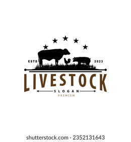 Cattle Farm Livestock Logo, Farm Garden Land Agriculture Retro Vintage Emblem Design