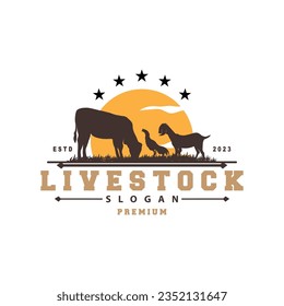 Cattle Farm Livestock Logo, Farm Garden Land Agriculture Retro Vintage Emblem Design