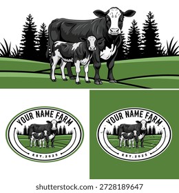 Modelo de vetor do logótipo da exploração pecuária. Rótulo de leite de queijo de vaca. Design de logotipo de fazenda vintage 
