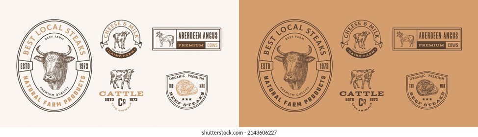 Cattle Farm Retro Framed Badges and Logo Templates Collection. Hand Drawn Beef Steak and Cow Animals Illustration with Retro Typography. Vintage Engraving Style Emblems Set. Isolated