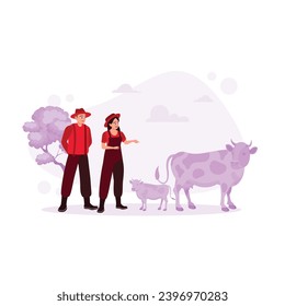 A cattle farmer couple grazes cows in the field. They are happy to see the healthy development of livestock. Relationship concept. Trend Modern vector flat illustration