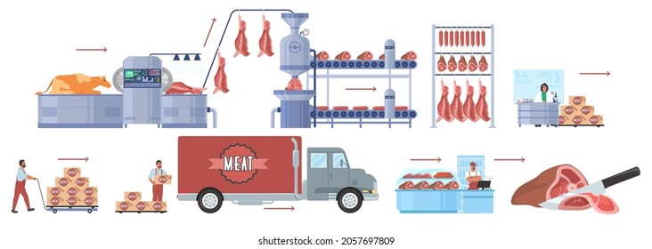 Cattle Farming, Beef Meat Production Infographic, Flat Vector Illustration. Meat Factory Processing Line. Distribution, Sale, Consumption. Food Industry.