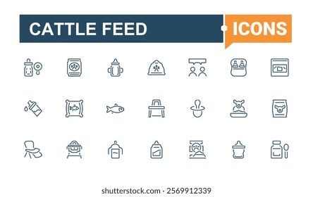 Cattle Feed icons set in linear style. Includes thin line mixer, screw, food, production, feed, web, farming and more. Minimal icons. Editable stroke.